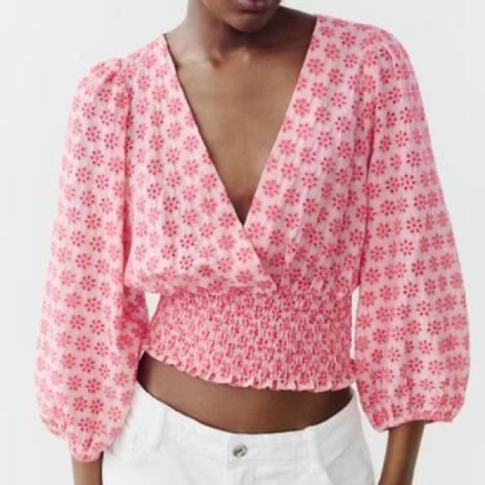 Zara Pink Floral Smocked Blouse